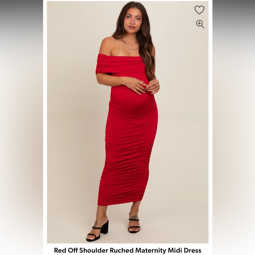 PinkBlush Red Off Shoulder Ruched Maternity Midi Dress